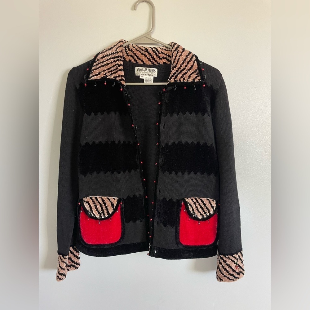 Chenille Petite Black beaded holiday Cardigan buttons chenille Jack B Quick